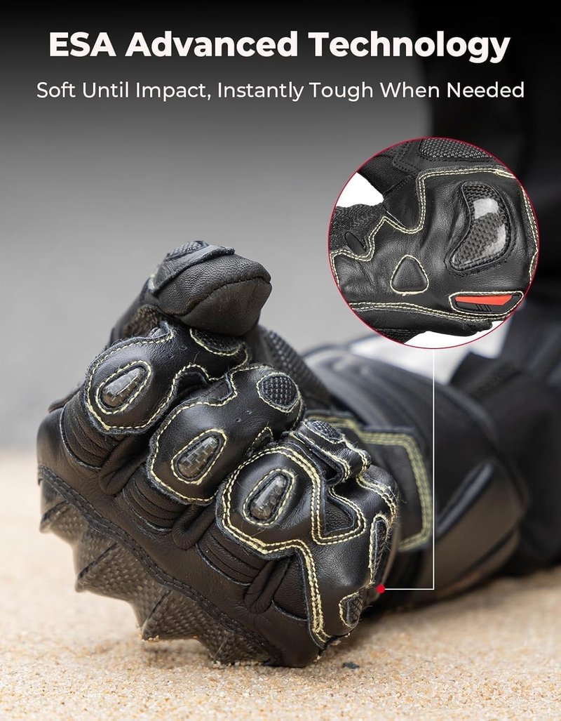 KEMIMOTO Leather Motorcycle Gloves - ESA Cushioning & Kevlar Knuckle Protection | Unisex Riding Gear for Outdoor Sports