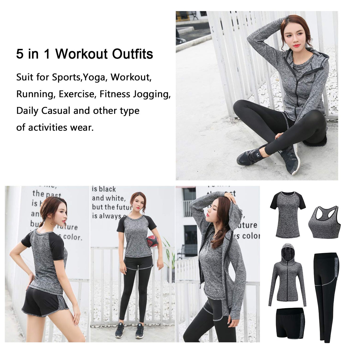 XPINYT 5pcs Workout Outfits for Women Athletic Sets Sport Suits Yoga Gym Fitness Exercise Clothes Jogging Tracksuits (Grey, Small)