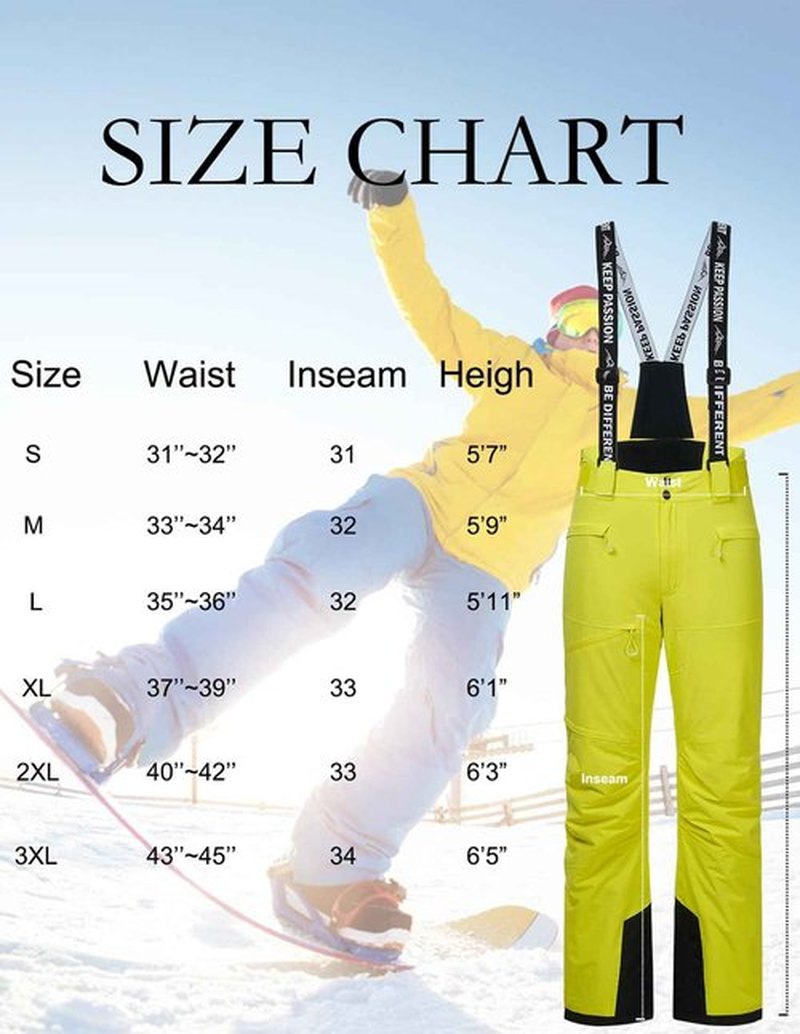 fit space Men's Ski Snow Pants Waterproof 15,000mm Removable Stretch Suspenders Insulated Winter Alpine Pants (Lemon,Large)