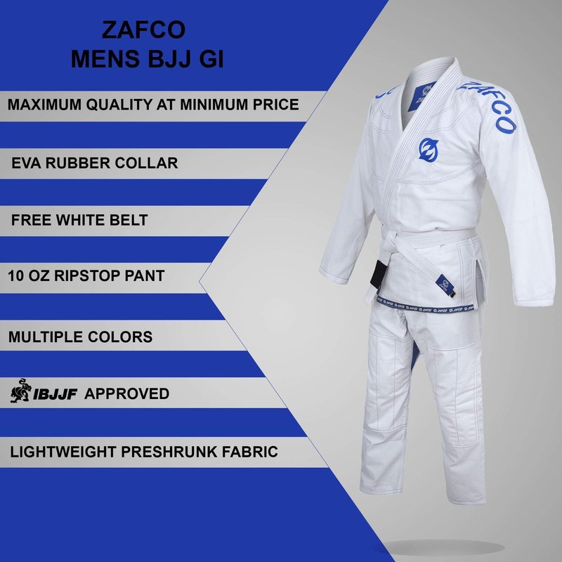 Zafco Sports Brazilian Jiu Jitsu Gi BJJ Gi for Men & Women Grappling gi Uniform Kimonos Light, Preshrunk, with White Belt (White, A3)