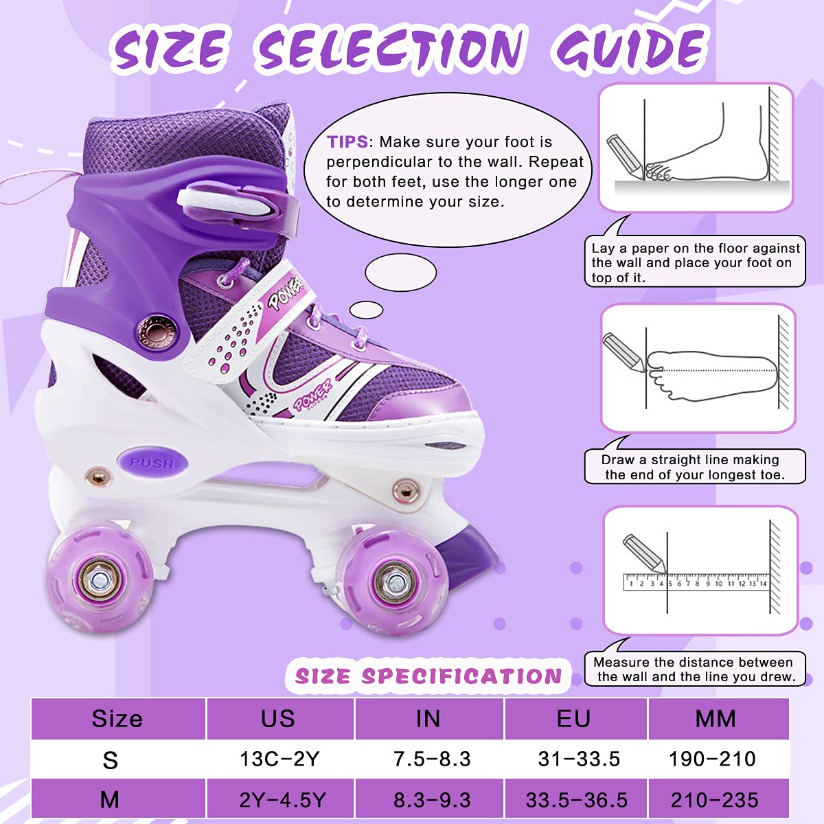 Kids Roller Skates, 4 Sizes Adjustable Beginners Boys Girls Roller Skates with Light up Wheels, High Standard Comfortable & Breathable Sports Indoor Outdoor Roller Skate Shoes (Purple-M)
