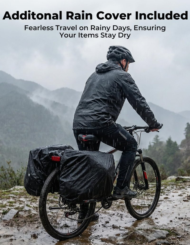 KEMIMOTO Panniers Bike Bags, 40L/50L Bicycle Saddle Bags with Waterproof Rain Cover for Rear Rack, Large Capacity Saddlebags for Ebike, Top Storage & Flip-Top Design, Reflective Strip, Black