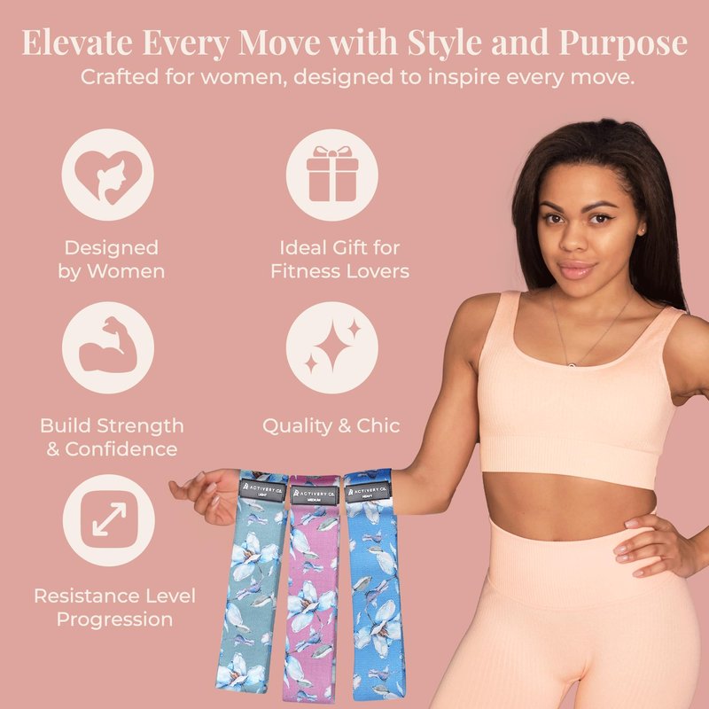 Activery Co. Fabric Resistance Bands for Women – Non-Slip Fitness Tool for Glutes, Legs & Full-Body Training – Ideal for Toning & Recovery – Includes Workout Guide & Travel Bag – 3 Pack (Floral Print)