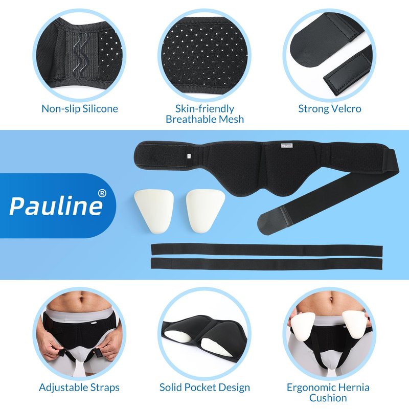 Pauline Inguinal Hernia Belt for Single/Double Hernia Support, Groin Hernia Truss for Men & Women Pain Relief with 2 Removable Compression Pads - Soft, Skin-friendly Fabric (Size M)