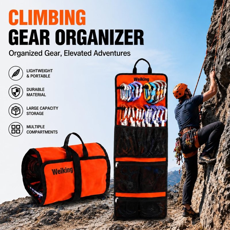Climbing Quickdraw Hanging Storage Bag, Carabiner Hook Gear Equipment Parts Collections, Durable Foldable Bundled Roll Anti-scratch Bag, Small Tools Organizer Pouch, suit for Rock Climbing Ice Climb