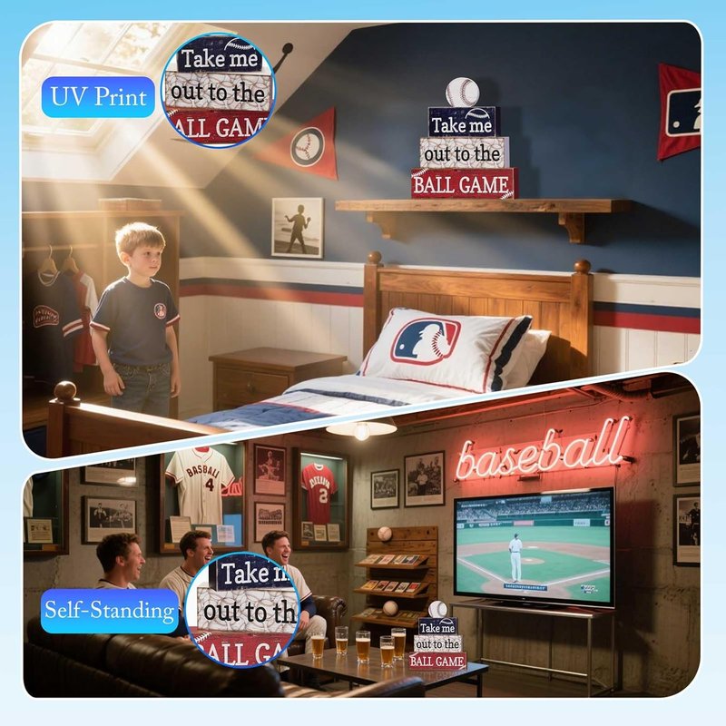 Baseball Party Table Decorations - 4 Pcs Wooden Sign Blocks | Centerpieces for Boys' Birthday, Sports Club & Home Decor