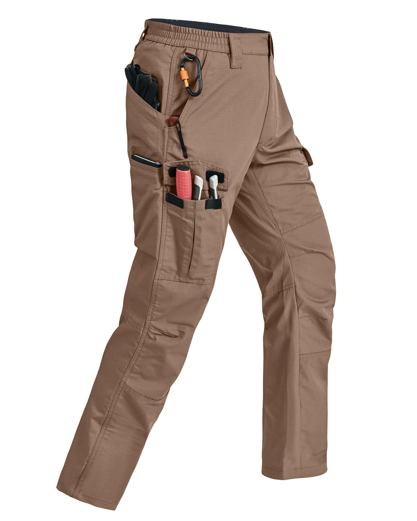 Rapoo Work Pants for Men Cargo Hiking Tactical Military Army Pants for Men with Multi Pockets Elastic Waist Mens Ripstop Construction Carpenter Pants Brown 44Wx30L