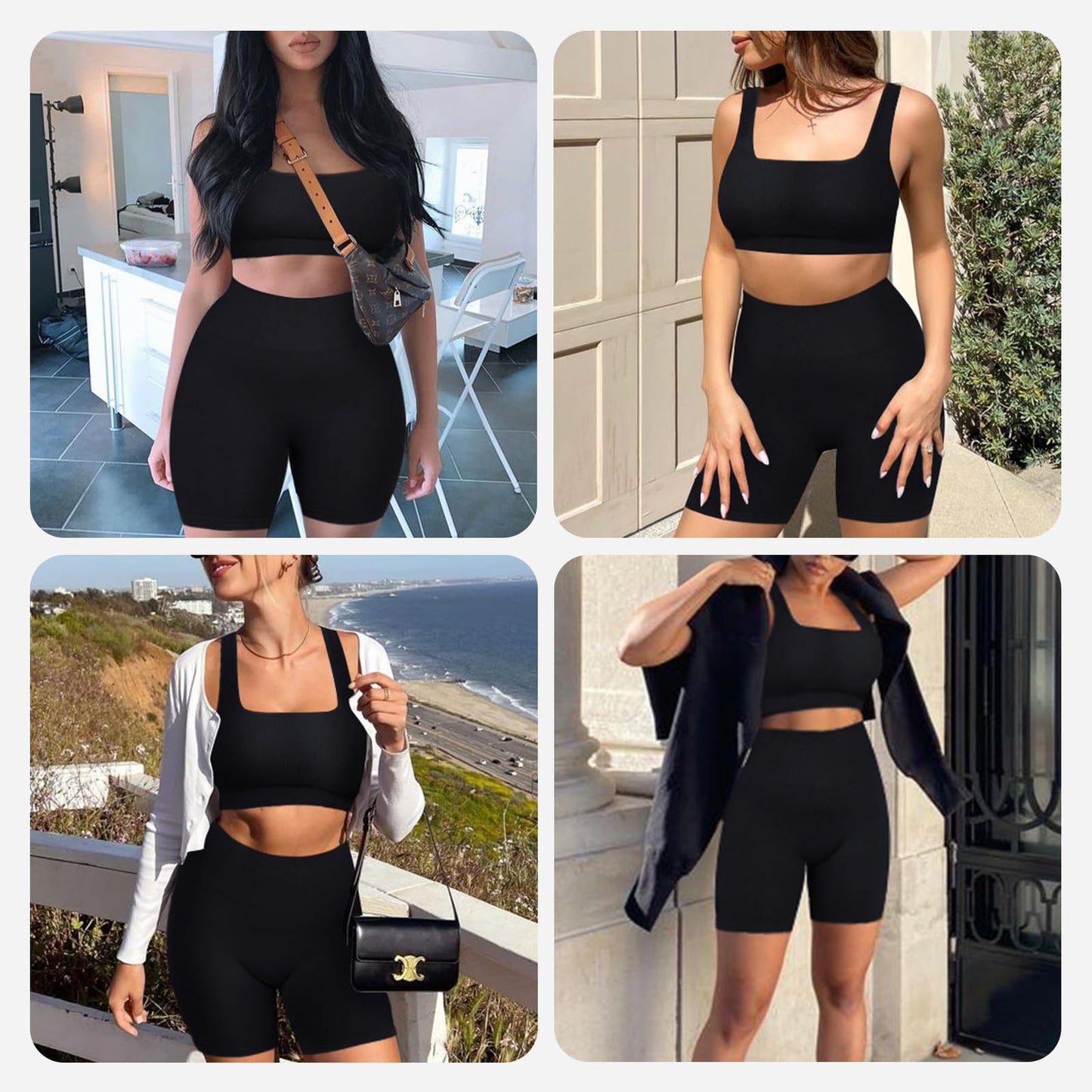 FeelinGirl Workout Sets for Women 2 Piece Yoga Outfits Crop Top High Waist Tummy Control Butt Lift Gym (Black, Medium)