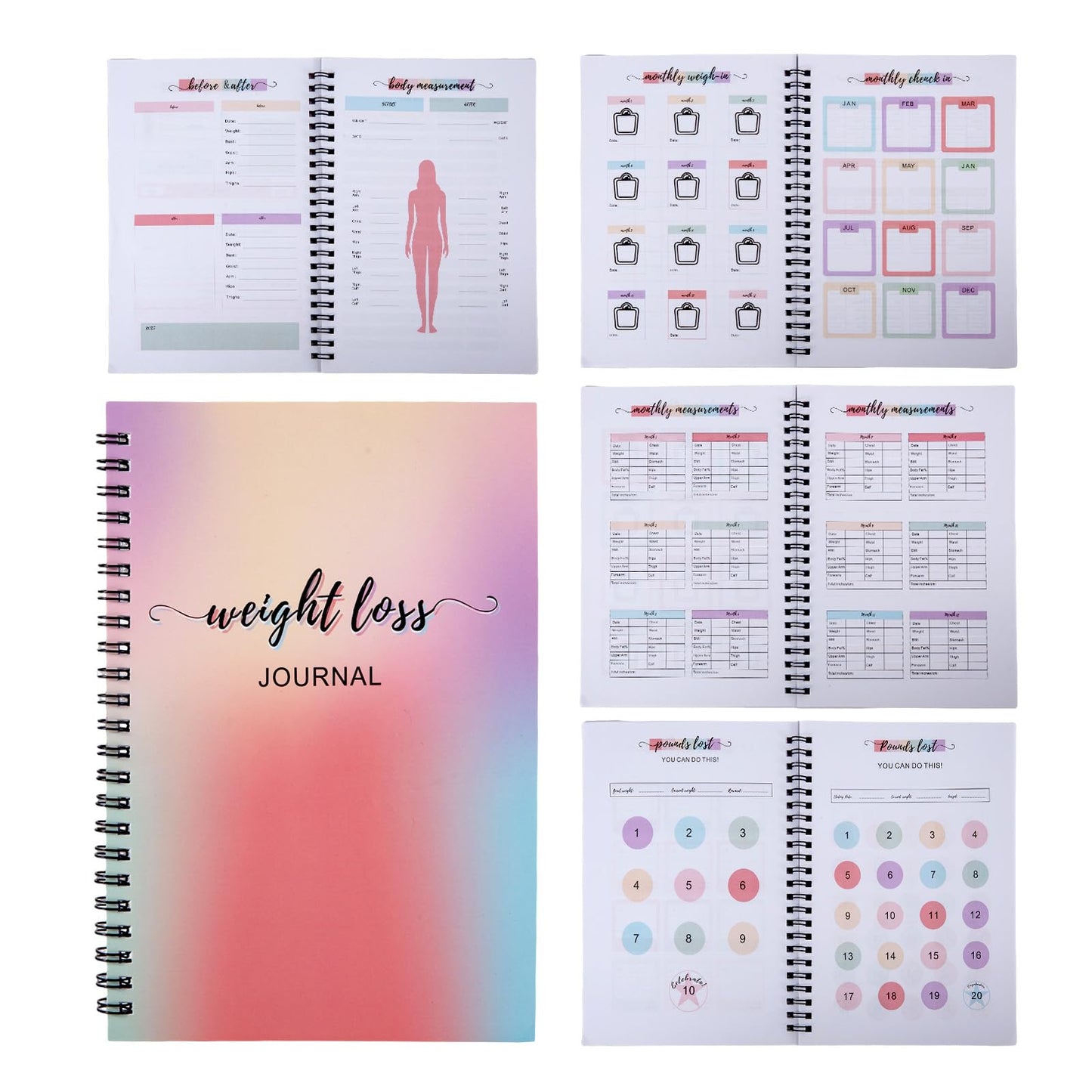 12 Month Weight Loss Journal for Women, Pounds Lost and Body Measurements Tracker - A5 (Spiral Bound), Weight Loss Tracker Planner, Body Weight Journal, Fitness and Exercise Log Book