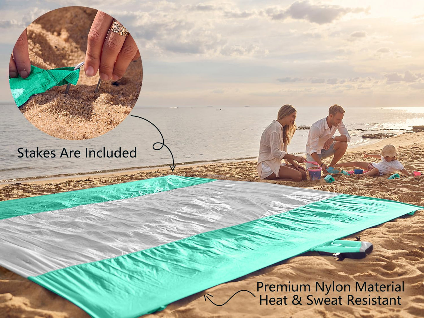 WEKAPO Beach Blanket - Sandproof Waterproof Extra Large Beach Mat | Oversized Sand-Free Lightweight Quick-Drying | Beach Vacation Essentials with Stakes & Corner Pockets (Turquoise, 9x10 FT)