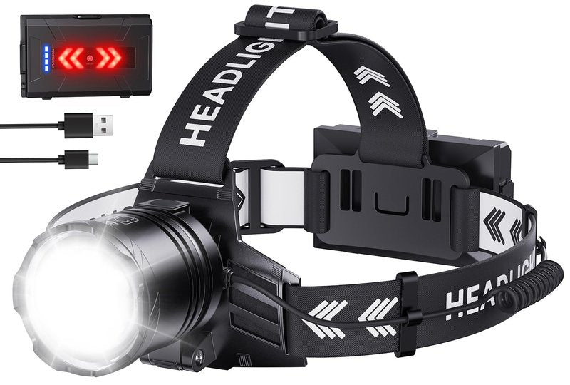 SWZA Super Bright Headlamp Rechargeable 99000 Lumens, 7 Modes Head Lamp, Zoomable Head Light for Forehead, 90° Adjustable Headlamps for Adults, Long Runtime & Waterproof Fishing, Camping