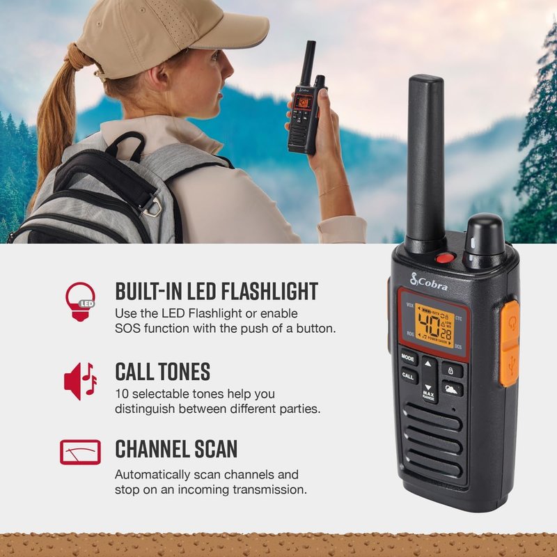 Cobra RX380 Walkie Talkies - 2-Pack Rechargeable Two-Way Radio Set | 32-Mile Range, 40 Channels, Black