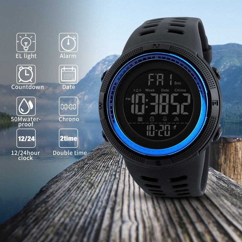 SKMEI Watch for Men,Military Sports Round Digital Watch with Waterproof Led Light Stopwatch Countdown Date Alarms Chronograph