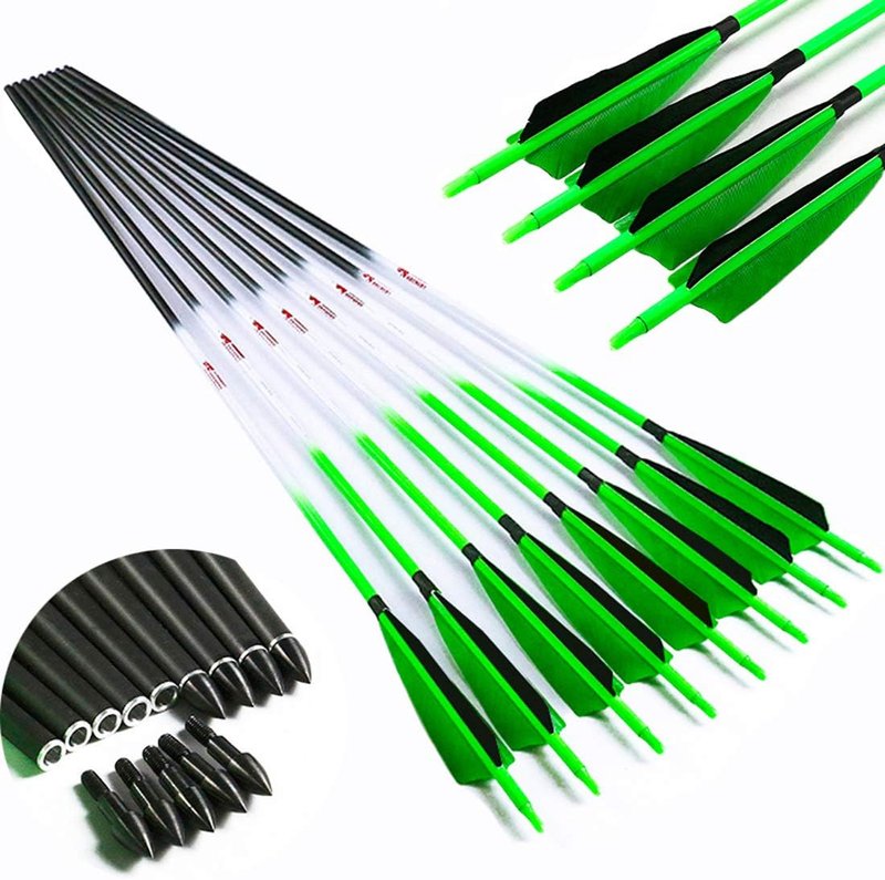 Archery Carbon Arrows - Fluorescent Hunting Practice Target Arrows with Removable Tip | Spine 250-800, Pack of 6/12