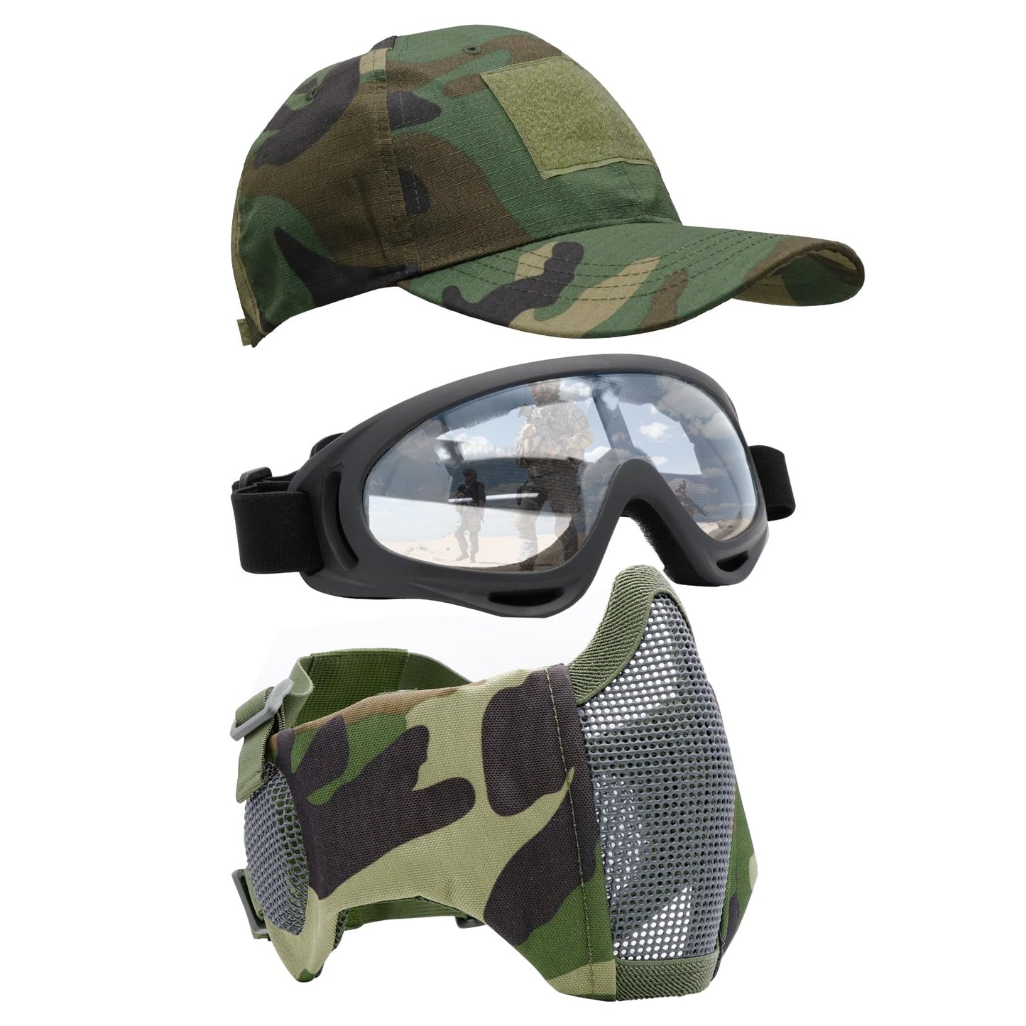 Yzpacc Airsoft Half Face Mask with Goggles Patch Hat Set Tactical Masks Full Face Ear Protective Baseball Cap for CS Halloween and Game