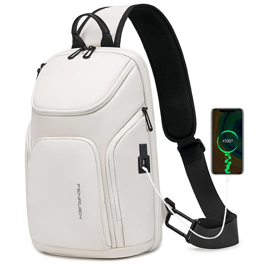 FENRUIEN Sling Bag for Women Men, Crossbody Sling Backpack with USB Charging Port, Daily Travel Hiking Sport Daypack Cross body Shoulder Chest Bag. (White)