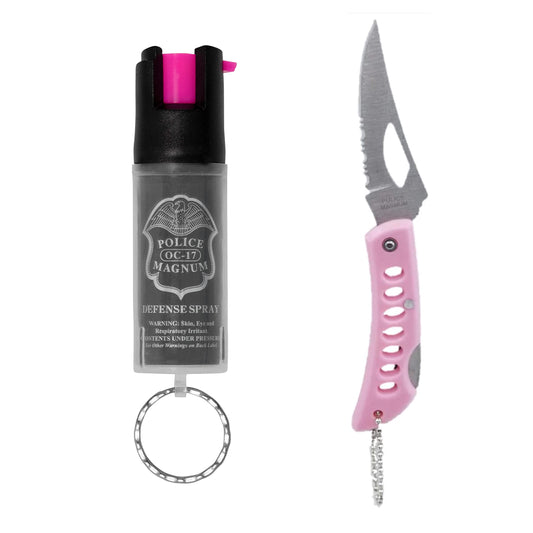 Police Magnum Mini Pepper Spray Self Defense- Small Discreet Pink OC Spray- 1 Pack 1/2oz Twist Lock Keyring (Pink Pocket Knife & Clear Sleeve)