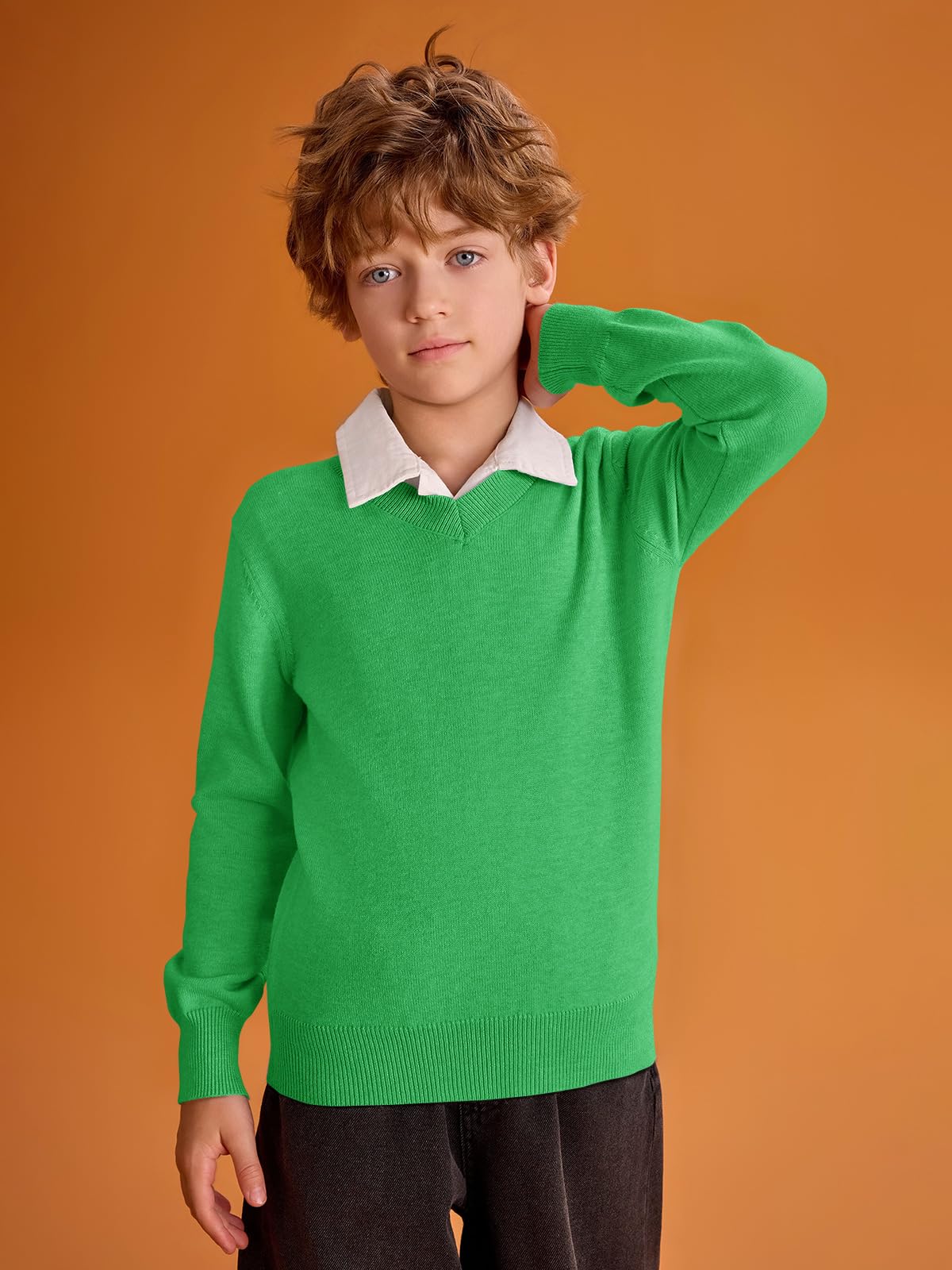 Haloumoning Boys School Uniform Sweater Kids Long Sleeve V Neck Pullover Fall Winter Clothes 5-14 Years Blue