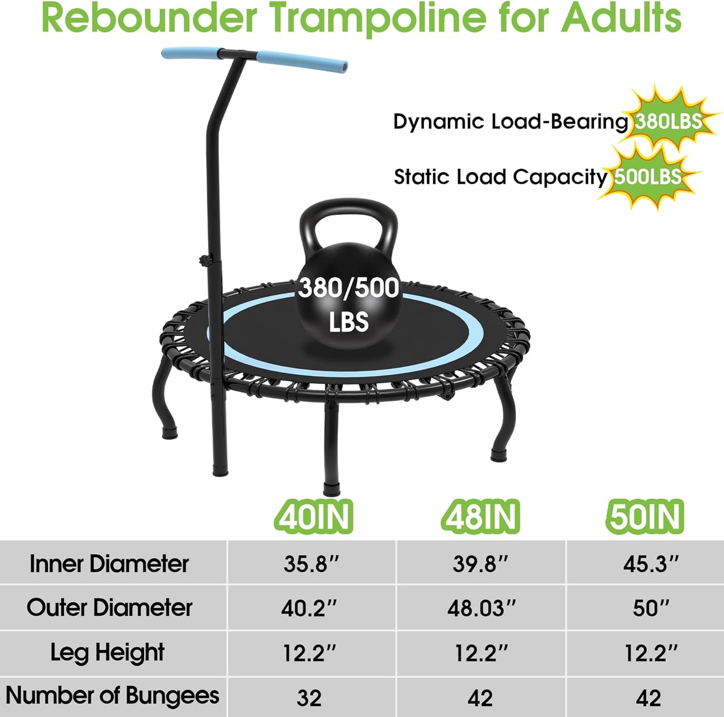 Mini Rebounder Indoor Fitness - 48” Foldable Rebounder with Adjustable T-Bar Handle | Supports 330LBS