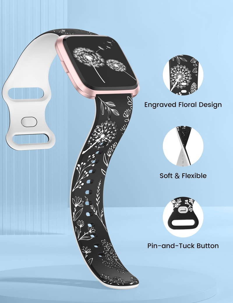 Wearlizer 2 Packs Floral Engraved Band Compatible with Fitbit Versa 2 Bands for Women, Two-Tone Flower Soft Silicone Cute Sport Strap for Versa Lite/SE Smart Watch