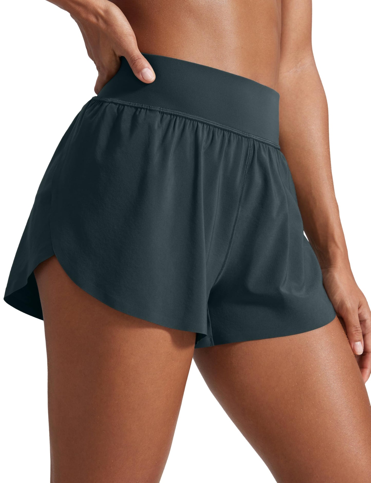 CRZ YOGA High Waisted Split Running Shorts for Women 3" - Comfy Mesh Liner for Workout Athletic GymTrack Quick Dry Melanite Large