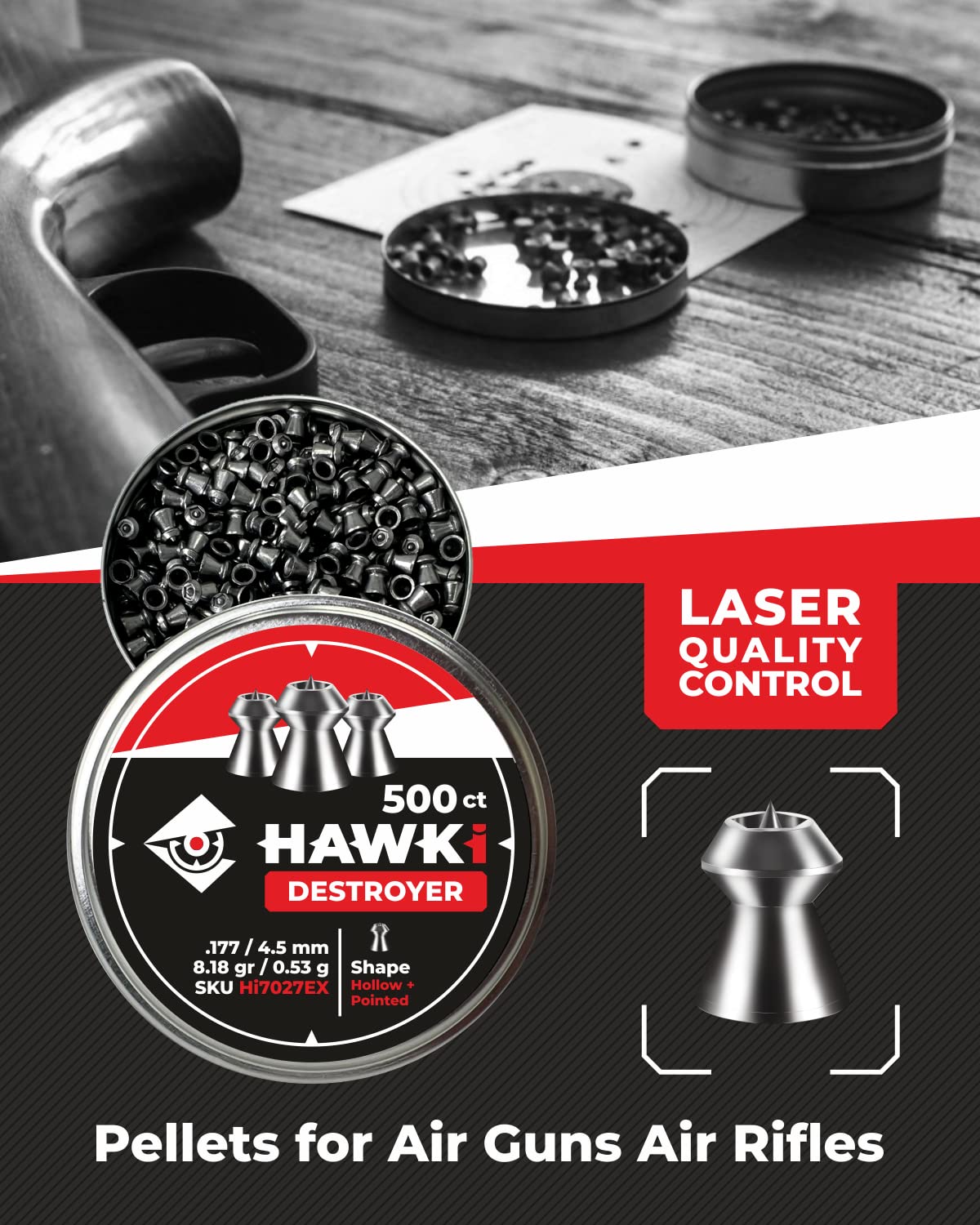 Hawki Airgun Pellets -.177/4.5mm Caliber (8.18 gr/0.53 g) 500 ct Hi7027EX Hollow + Pointed