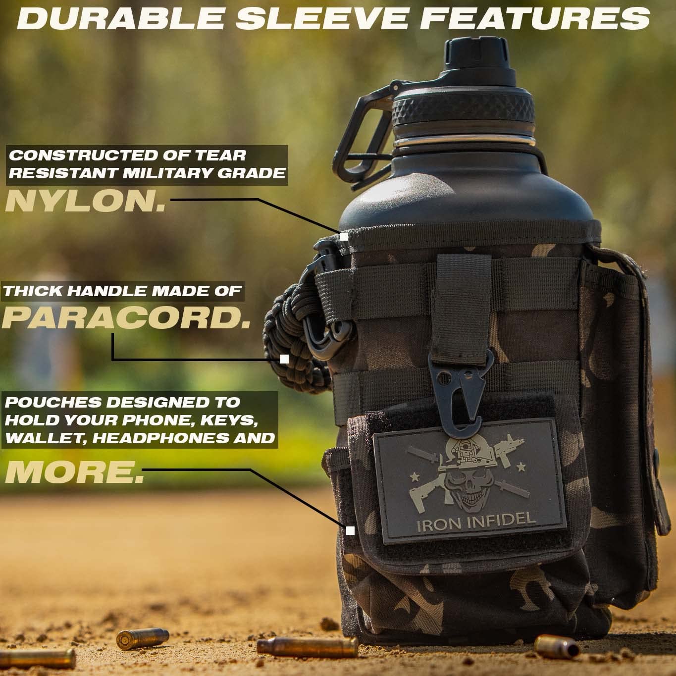 Iron Infidel Battle Bottle - Half Gallon Insulated Water Bottle with Paracord Handle - Large 64 oz Stainless Steel Water Jug & Rugged, Removable Sleeve For Keys, Wallet, Phone (Black Camo 2 Liter)