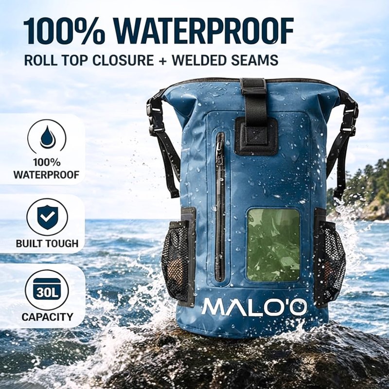 Malo’o 30L Waterproof Dry Bag Backpack – Roll Top Heavy Duty 500D PVC Dry Pack with Padded Straps, IPX6 Waterproof, Keeps Gear Dry for Kayaking, Fishing, Beach, Camping & Travel