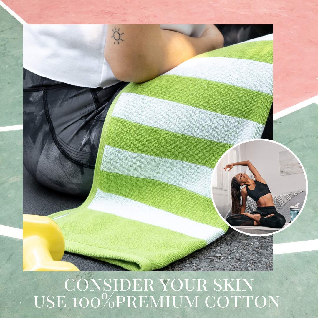 Luzia Striped Workout Towel for Sweat (Pack of 2) - Premium Quality 100% Turkish Cotton - Lightweight and Super Absorbent for Exercise, Sports, Workout, Fitness, Gym, Yoga, Running (Green)