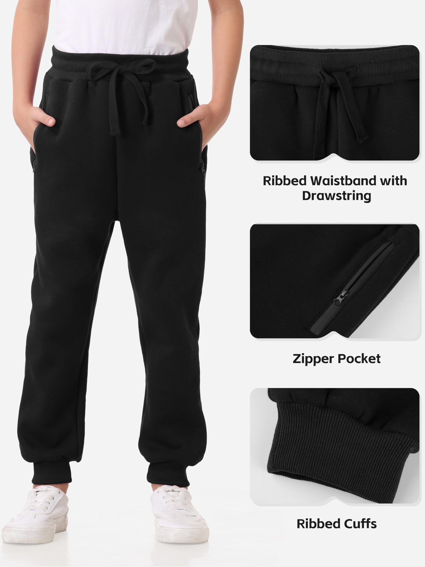 Aocku 3 Pack Boys Sweatpants Fleece Cotton Athletic Pants Boys Joggers with Zipper Pockets Kids Youth Workout Sweat Pants Size 5-16