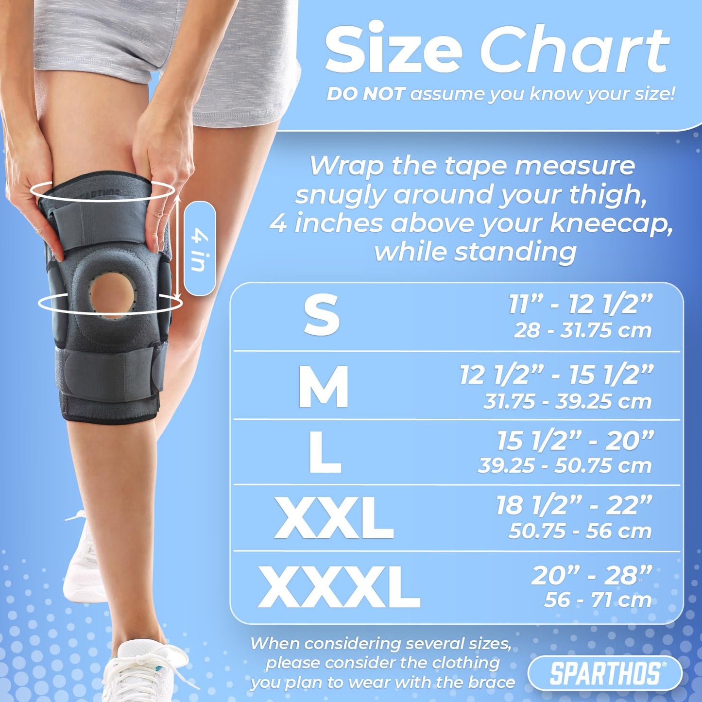 Sparthos Hinged Knee Brace - Relieves ACL, MCL, Meniscus Tear, Arthritis, Tendon Pain - Dual Metal Side Stabilizers - Support for Running, For Men and Women Check Size Chart (Large, 15½-20″ Thigh)