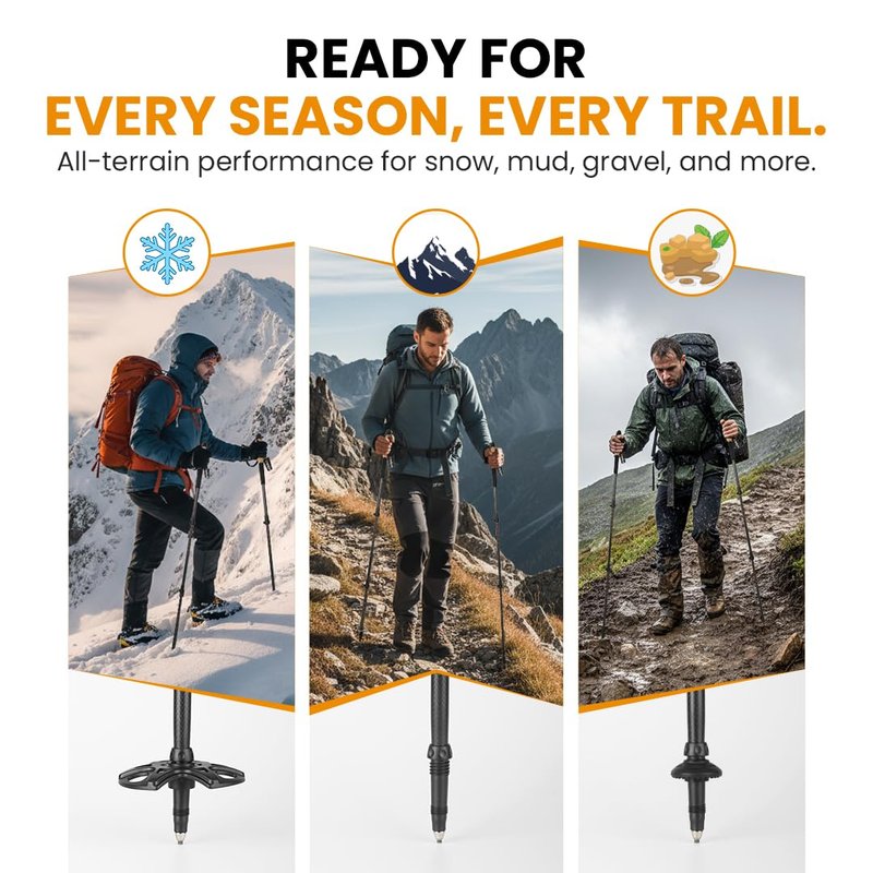 TRAILWORX 3K Carbon Fiber Trekking Poles, Collapsible Set of 2 Lightweight Adjustable Hiking Poles 24.5"-54" with Cork Grip, Tungsten Carbide Tips, Black, Includes Carry Bag, Snow & Mud Baskets