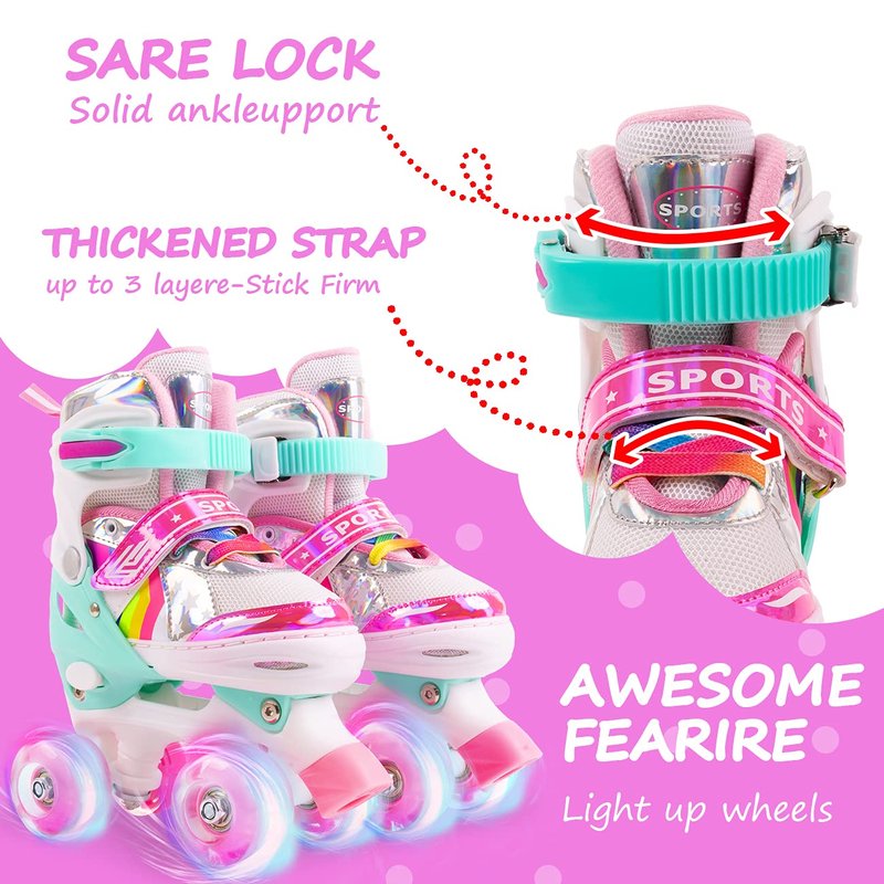 Ceestyle Rainbow Adjustable Light Up Roller Skates for Girls Boys,All Wheels of Skates Shine, Safe Fun Illuminating for Kids,Medium