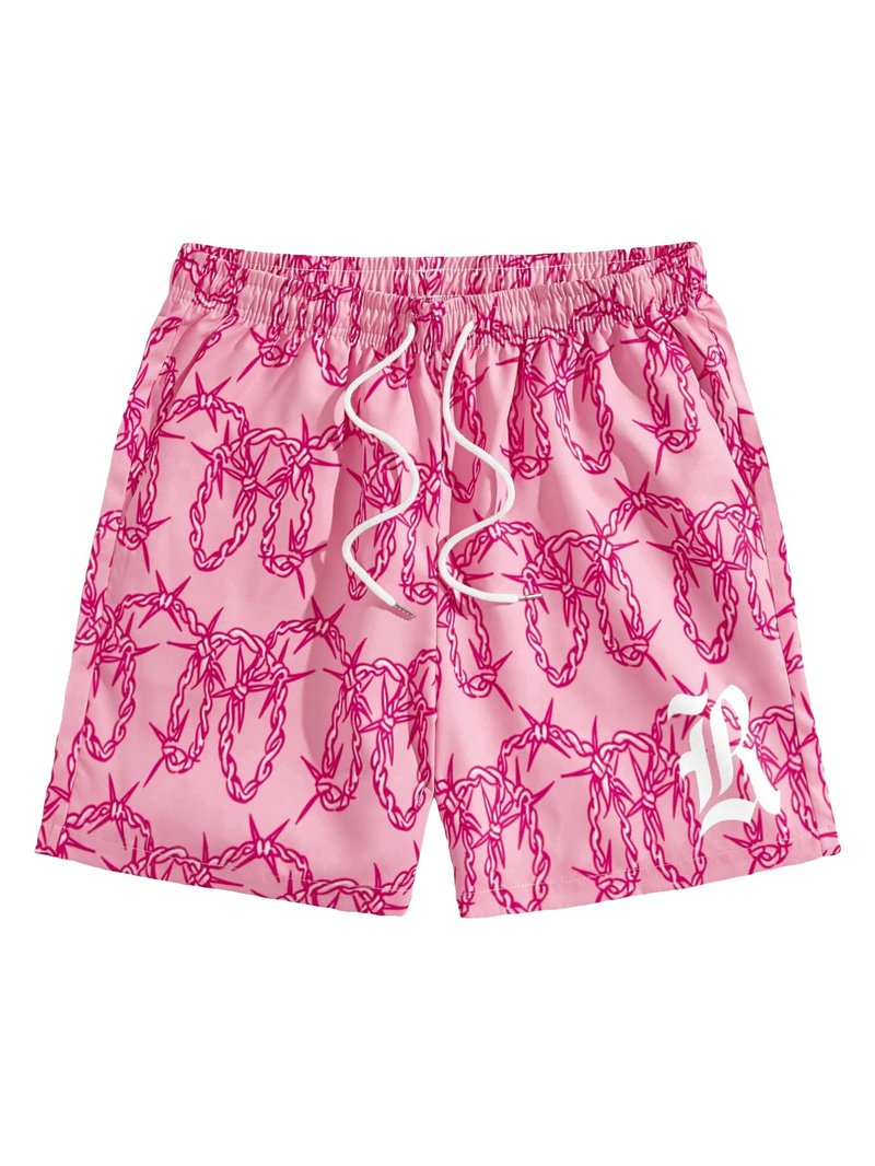 GORGLITTER Men's Graphic Print Gym Track Shorts Drawstring Waist Pockets Workout Cool Shorts Pink B Medium