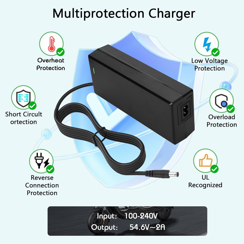 Panamalar 54.6V 2A Electric Bike Charger for 48V E-Bike Lithium Battery, Electric Scooter Power Charger, 3 in 1 Universal Power Adapter Plug for DC Connector with 2.5/2.1mm|8mm 3-Prong|12mm 1-Prong