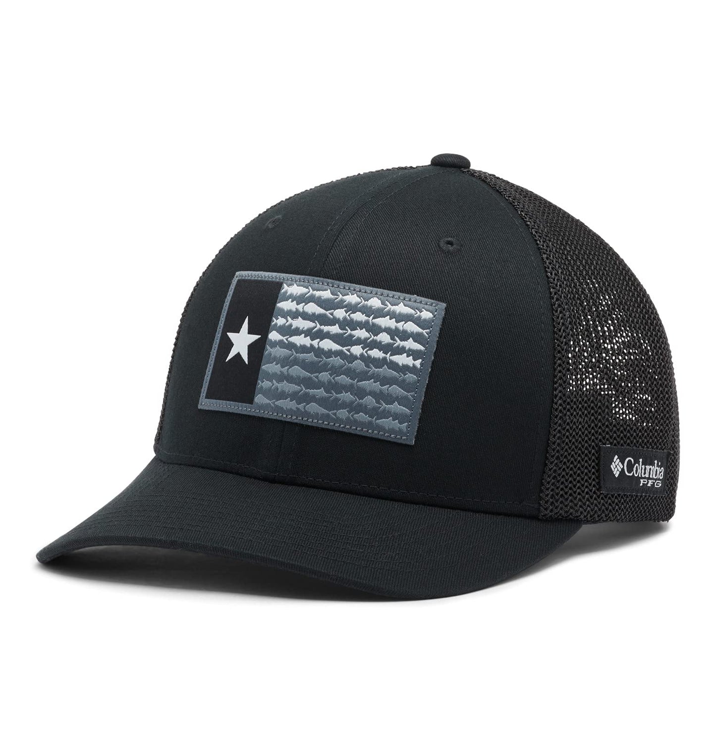 Columbia PFG Flag Mesh Ball Cap-High Crown, Black/Black/Texas Fish, Large/X-Large