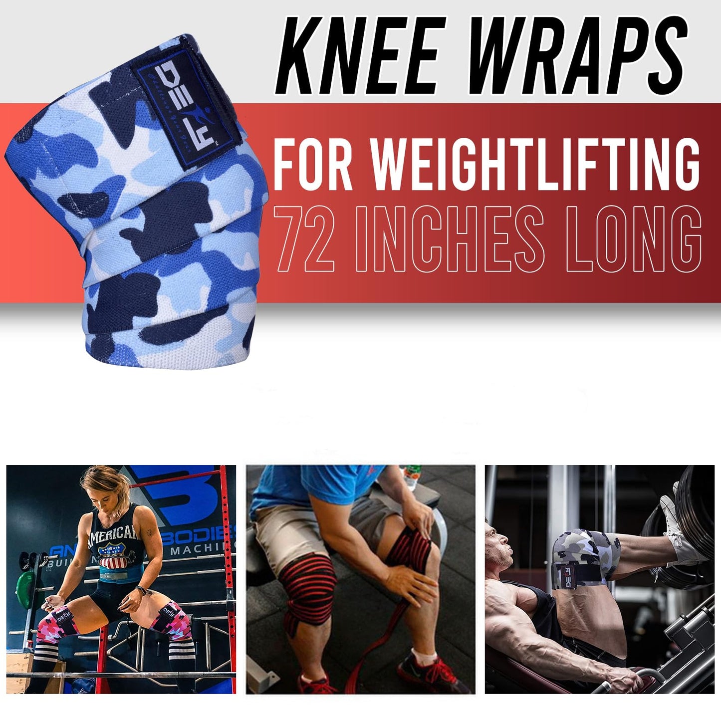 DEFY Sports' Knee Wraps for Weightlifting - Provides Knee Support for Powerlifting, Squats & Fitness Workouts - Ideal Knee Wrap for Men and Women (1 PAIR) (Blue Camo)