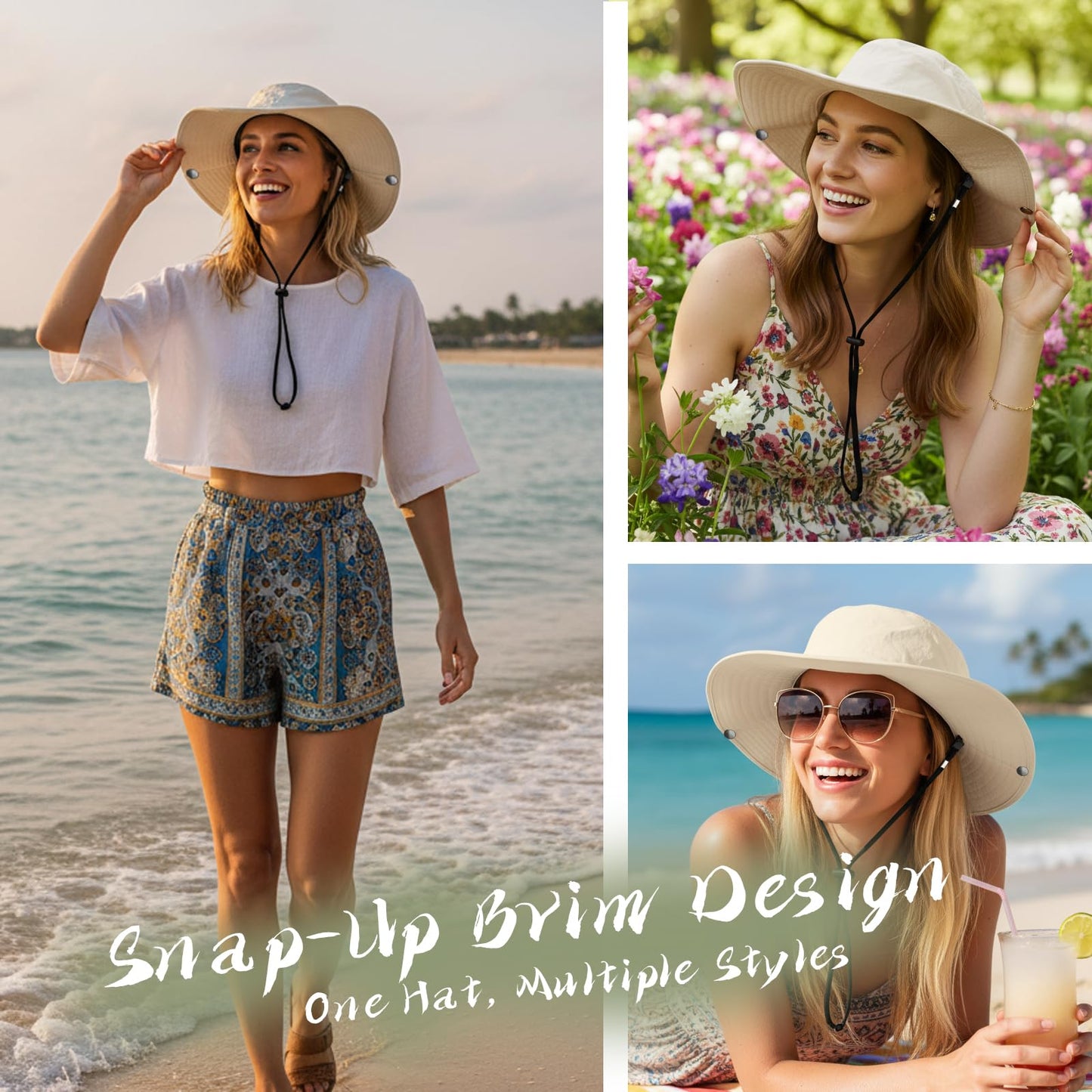 Women’s Sun Hat with Hidden Ponytail Opening, Wide Brim UPF 50+ Waterproof Nylon Bucket Rain Hat with Removable Chin Strap for Outdoor