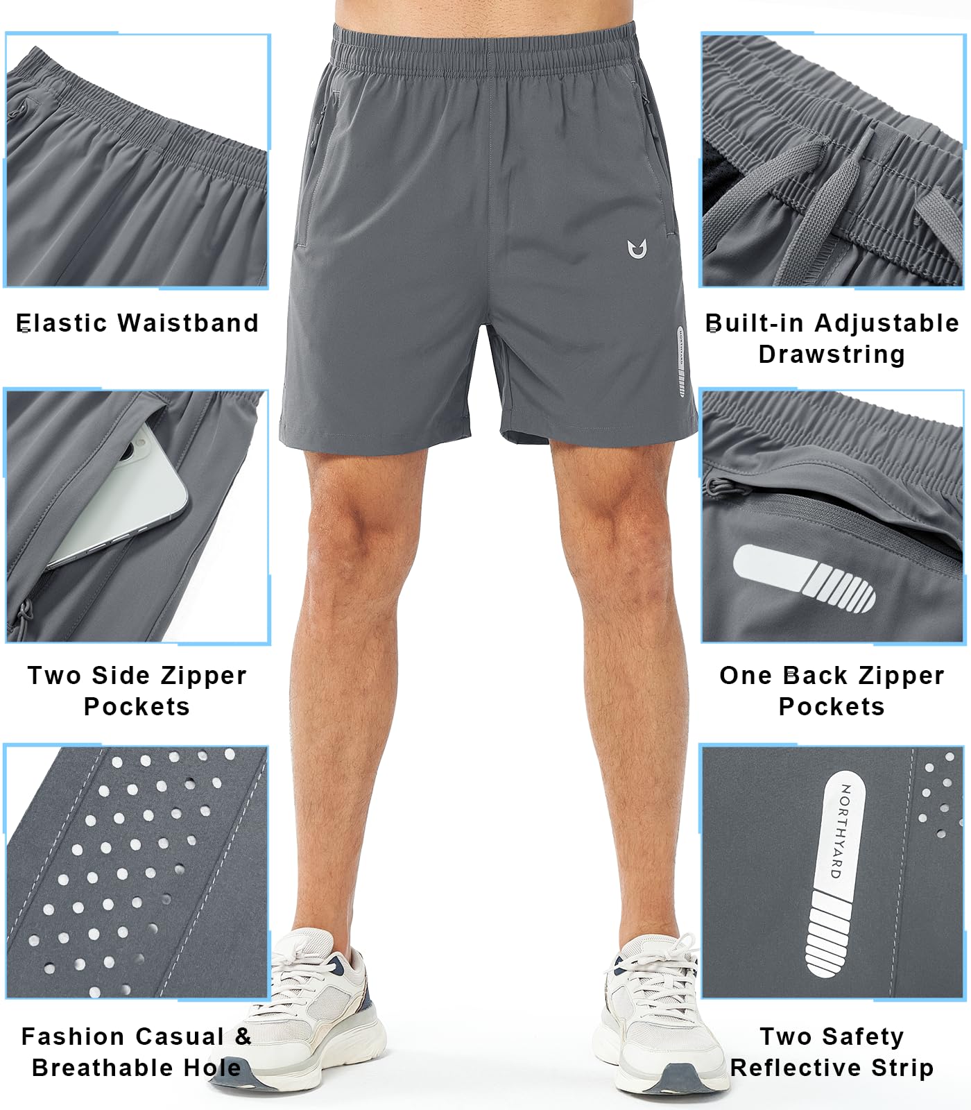 NORTHYARD Men's Athletic Running Shorts Gym Workout 7"/9"/5" Quick Dry Lightweight Sports Basketball Tennis 3 Zipper Pockets SMOKEGREY-5inch XL