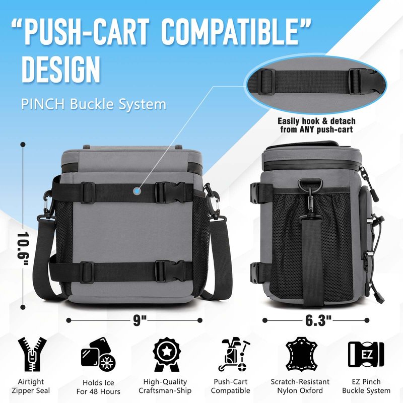 Golf Cart Cooler Bag Insulated - 12-Can Leakproof Soft Cooler Bag with Hook-and-Loop Lid, Waterproof Zippers, and Multi-Pockets for Golf Accessories; Fits on Golf Push Cart