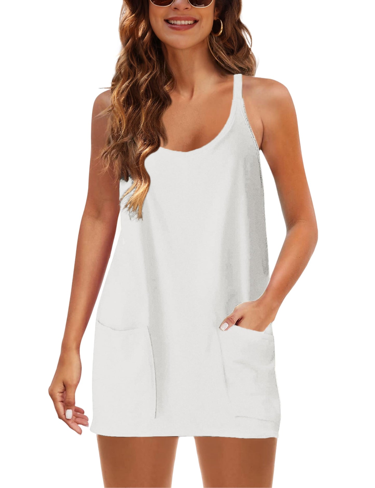 Lentta Womens Athletic Sleeveless Mini Dress with Built-in Shorts V Neck Sundress(White-XXL)
