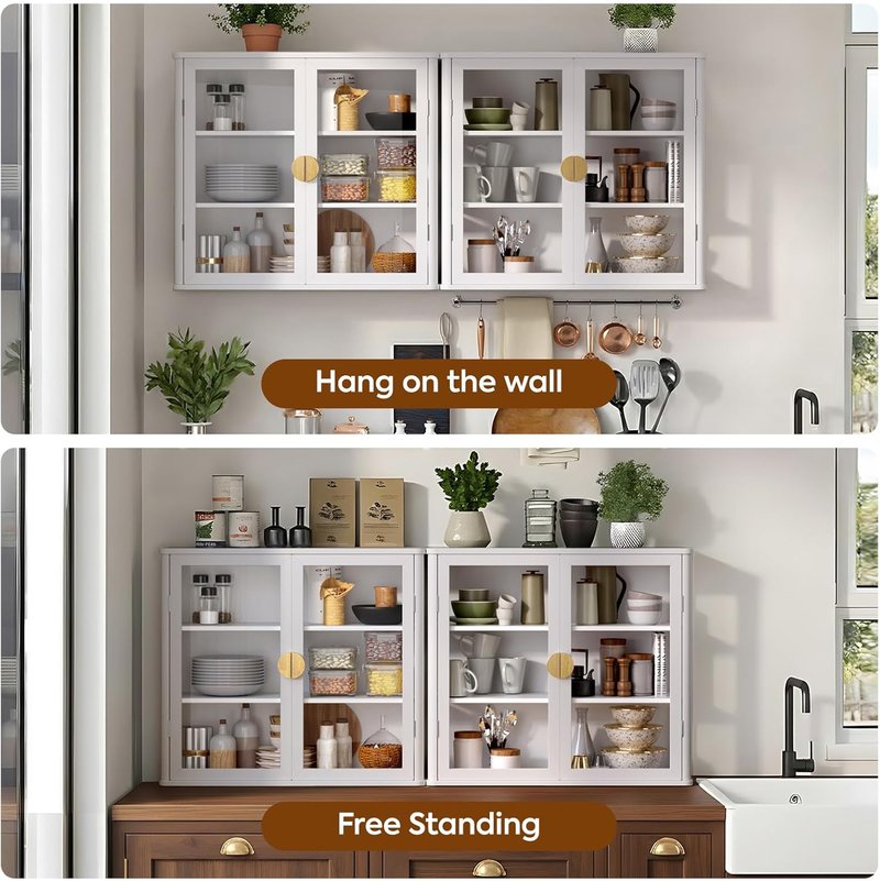 Bathroom Wall Cabinet Set of 2 - 56” Floating Display with Glass Doors & Adjustable Shelves | White Finish