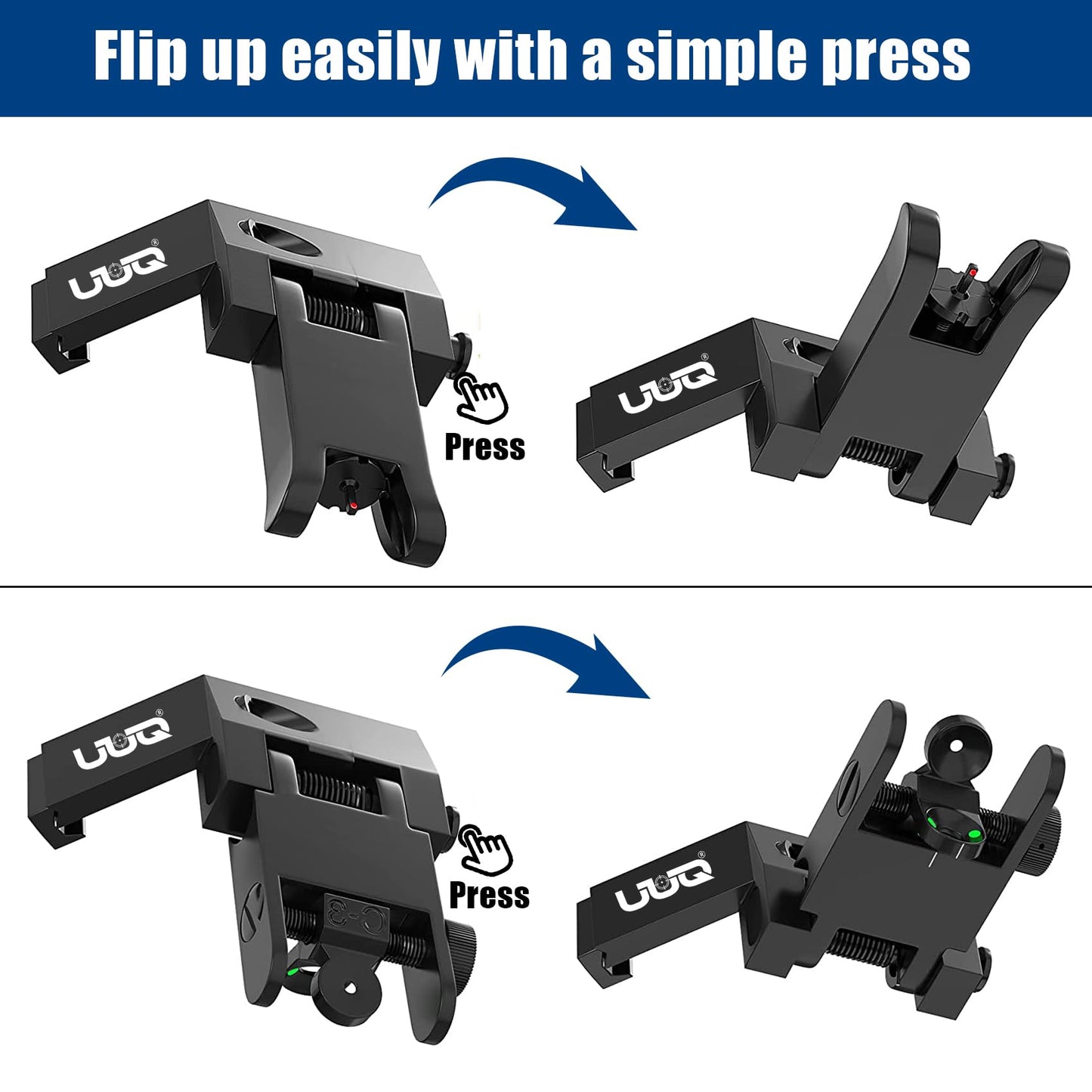 UUQ 45 Degree Offset Fiber Optic Iron Sights,Flip Up Front Rear Sites with Red&Green Dot,BUIS Backup Sight Set， Tool-Free Adjustable Front Sight Rapid Transition,Fits Picatinny and Weaver Rails
