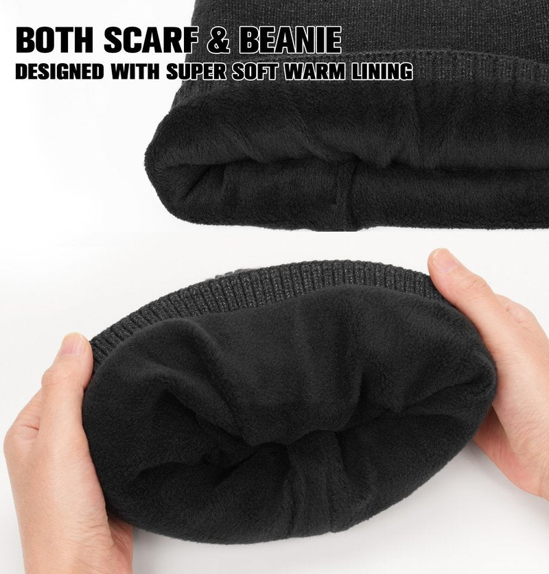 MELASA Winter Fleece Lined Beanie with a Light & Neck Warmer Gift Set for Men – Windproof Winter Hat and Scarf, Soft Thermal Cold Weather Gear with LED Light for Outdoor Work Black
