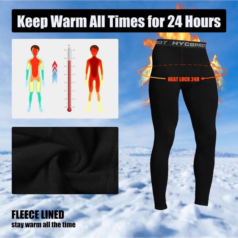 HYCOPROT Men's Thermal Compression Pants, Fleece Lined Athletic Tight Cold Weather Sports Leggings Winter Base Layer Bottoms Black