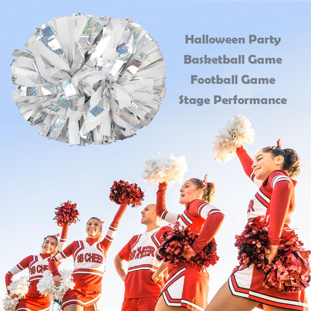 Hooshing 2PCS Silver and White Pom Poms Cheerleading Professional Cheer Pom Poms with Baton Handle for Team Spirit Sports Cheering