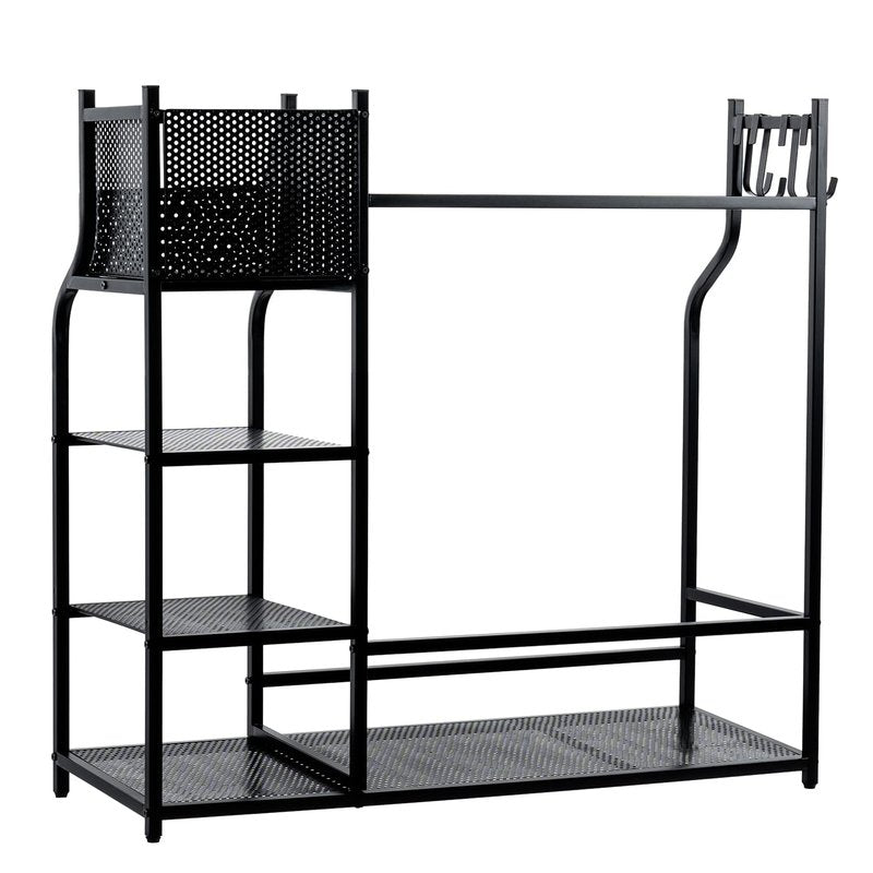 MyGift Golf Bag Stand for Garage, Black Metal Extra Large Golf Garage Storage Organizer with 4 Shelf Ball Holder, Shoe Organizer, and 5 Hook Hanger, Golf Accessories Gift for Men