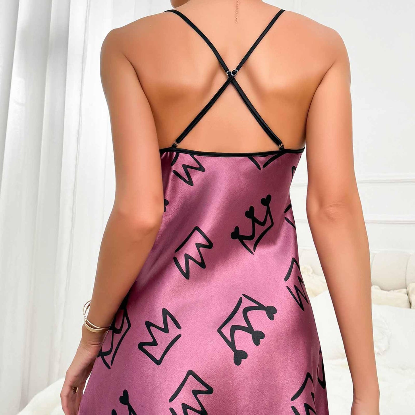 Womens Nightdress Fashion Print Sexy Backless Ice Silk Sling Pajamas Dresses Nightgowns Chemise Sleepwear Lingerie Style001 Purple Small