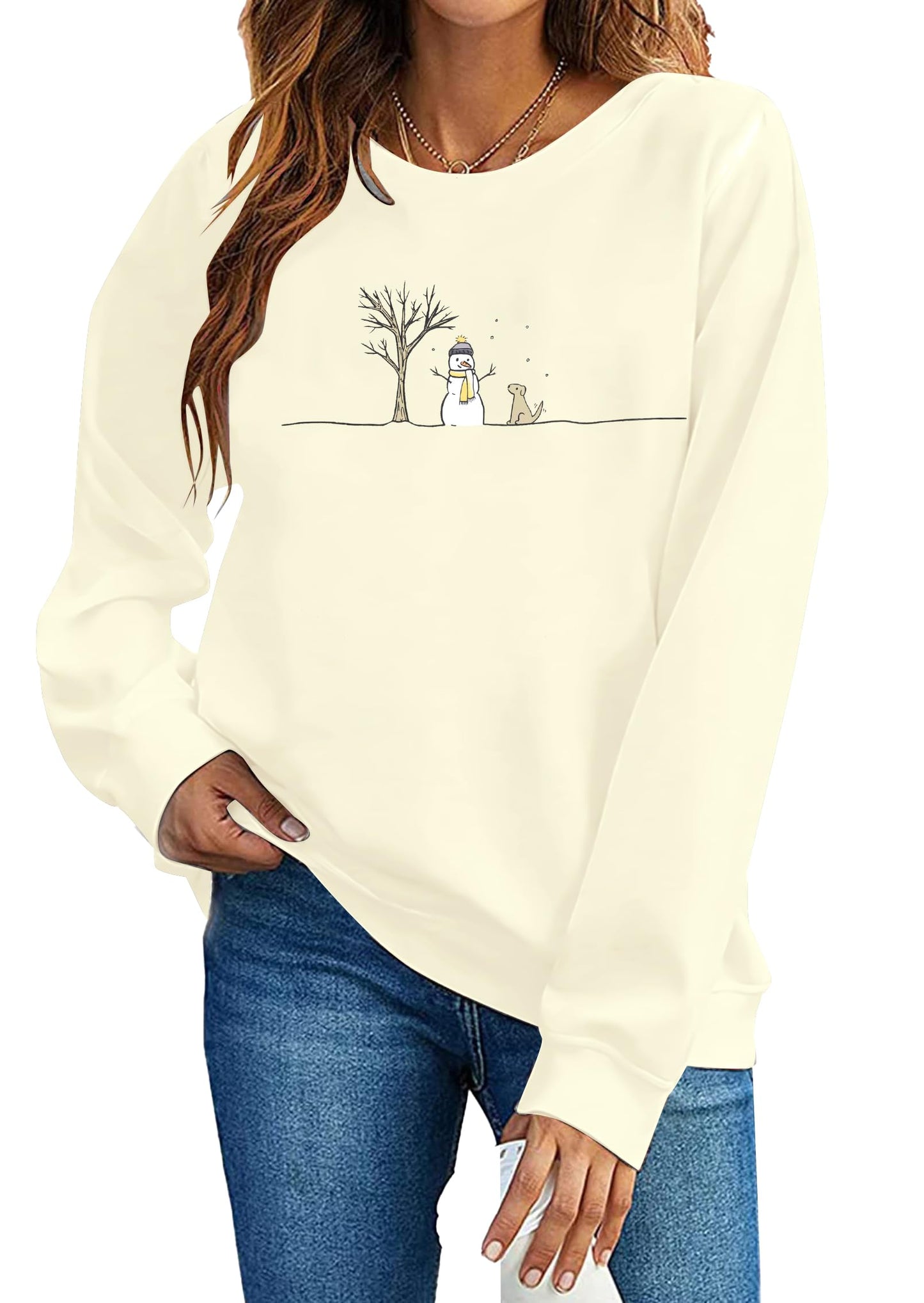 MOUSYA Snowman Sweatshirts for Women Christmas Snowman Sweatshirt Meryy Christmas Pullover Winter Lightweight Top Apricot