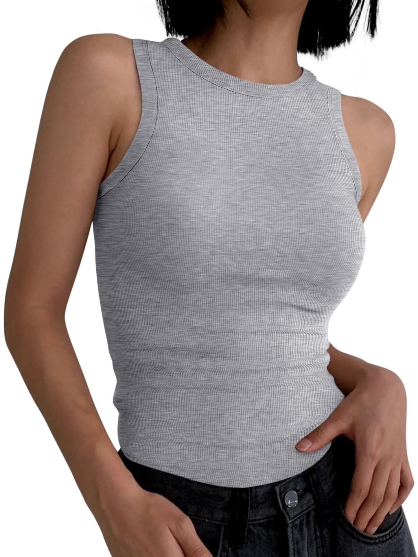 ANRABESS Womens Sleeveless High Neck Tank Tops Fashion Summer Casual Basic Slim Fit Ribbed Racerback Top Shirt Clothes Grey X-Small